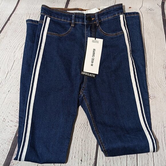 ZARA Blue White Stripe Hi-Rise Shaper Ankle Length Super Elastic Jeans 2 - Picture 1 of 4